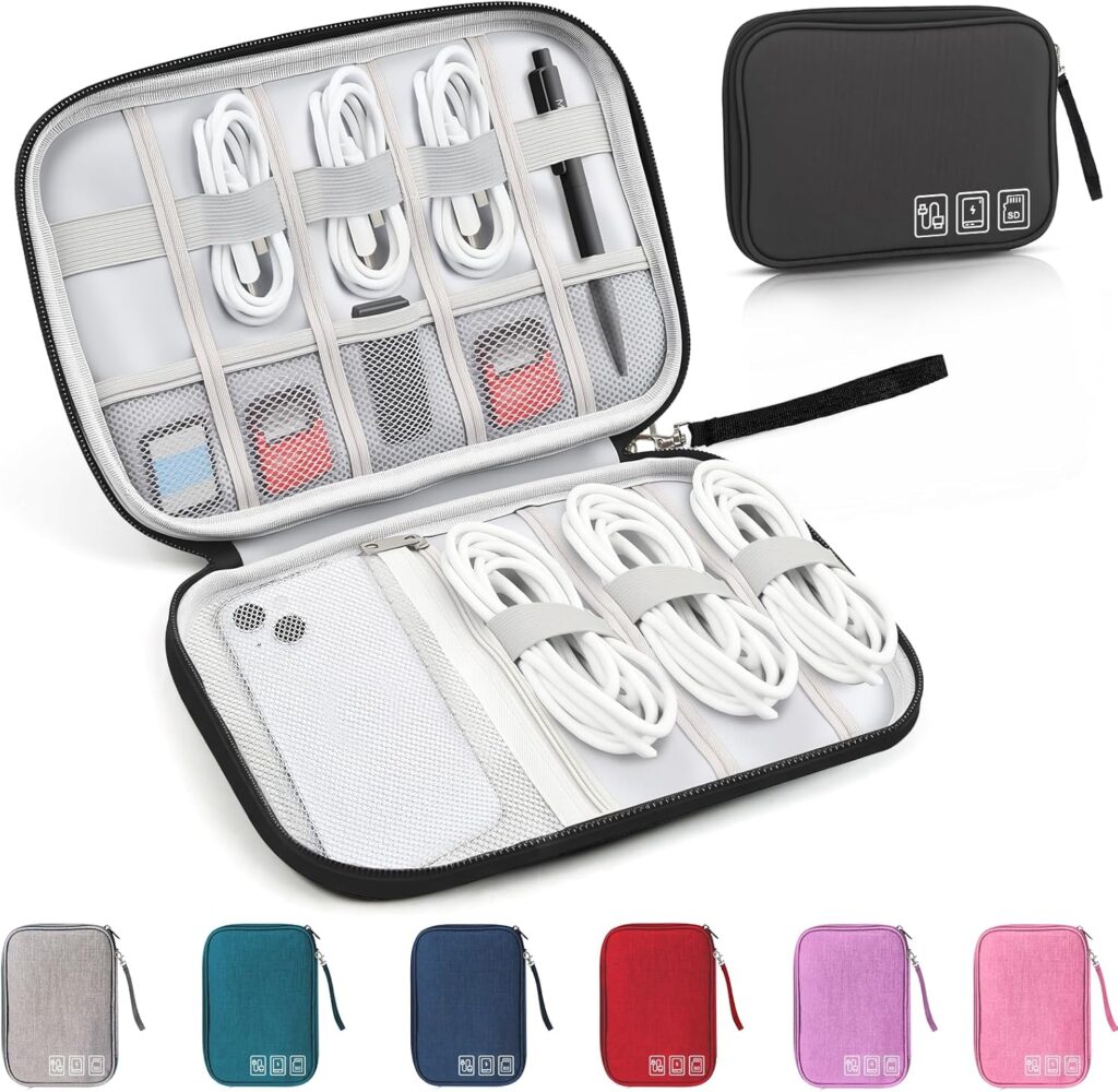 Travel Cable Organizer Bag, Electronics Organizer Tech Pouch with Double Layers for Cords, Chargers, Phone, Earphones, USBs, SD Cards – Travel Essentials Portable Waterproof Tech Pouch