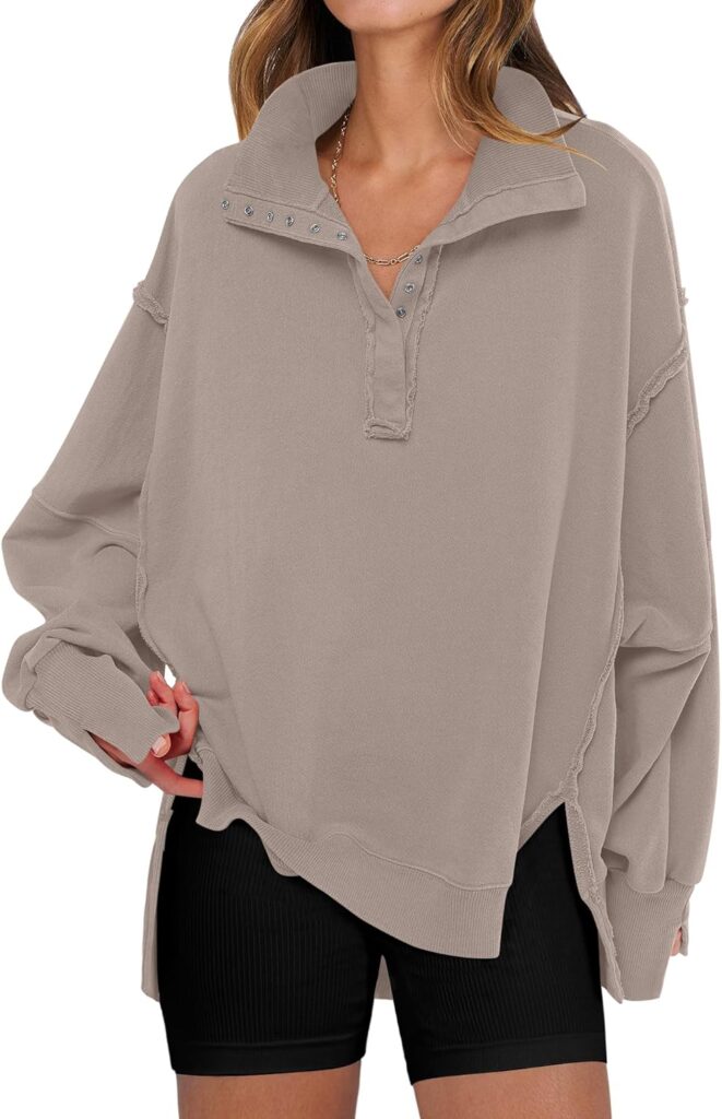 ANRABESS Women’s Sweatshirts Oversized Casual Loose Button Up Henley Pullover Top High Low Split 2025 Fall Fashion Outfits