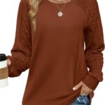 Saloogoe Sweatshirts for Women Crewneck Cable Knit Sleeve Sweaters Lightweight Fashion 2025