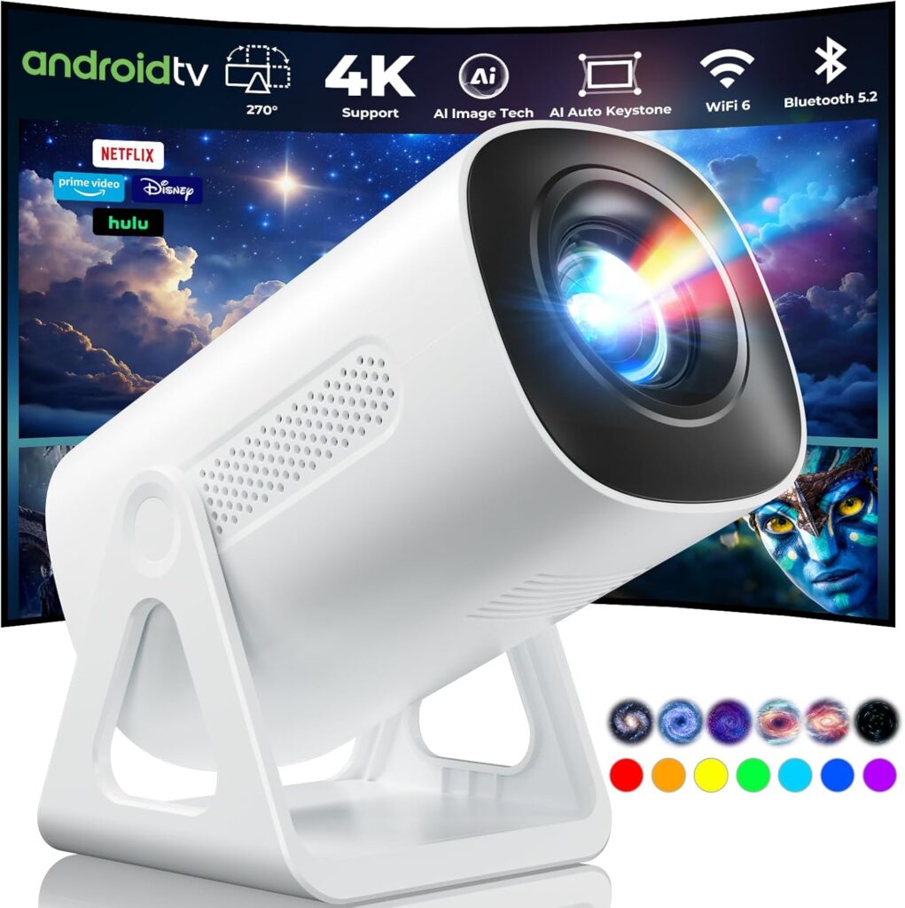 Smart Mini Projector – Portable WiFi Bluetooth, Supports 4K 1080P, Built-in Apps,270° Adjustable Stand,Star Light Mode, Indoor/Outdoor Home Theater – Compatible with Phone/Laptop/TV Stick