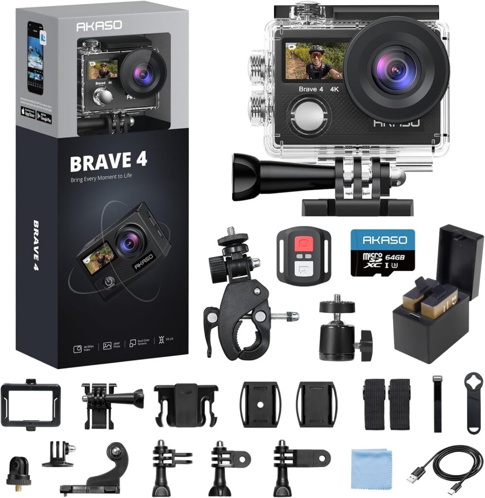 AKASO Brave 4 Action Camera 4K 30fps with 64GB MicroSD Card Bundle 20MP Ultra HD 131FT Waterproof Underwater Camera EIS WiFi Remote Control 5X Zoom Sport Cameras with Bicycle Accessories Kit