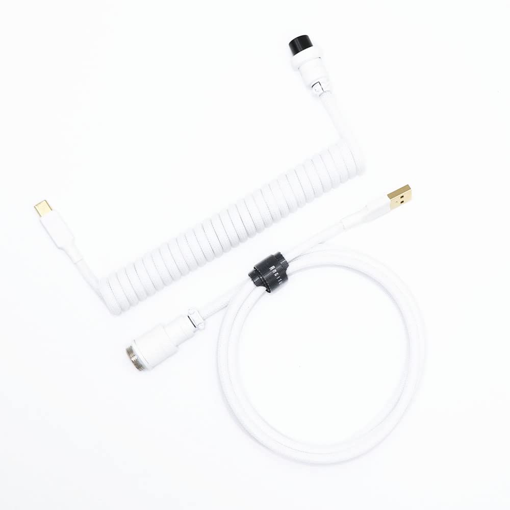 Angitu Handmade Reversed Coil Keyboard USB Type C Coiled Cable Z Shape Double Sleeved Colorful Matt GX16 Aviator Soft Elastic Paracord PET Cable (WhiteGX16 White+White)