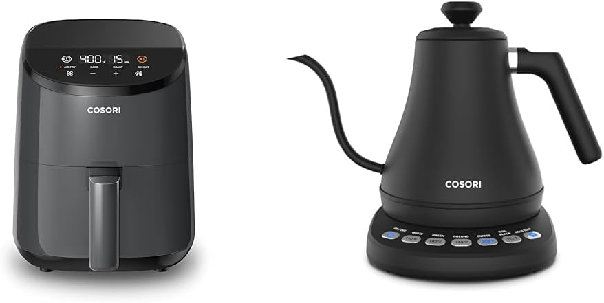 Cosori Mini Air Fryer 2.1 Qt, 4-in-1 Small Airfryer, Bake, Roast, Reheat, Space-saving & Low-noise & Electric Gooseneck Kettle with 5 Temperature Control Presets, Pour Over Kettle