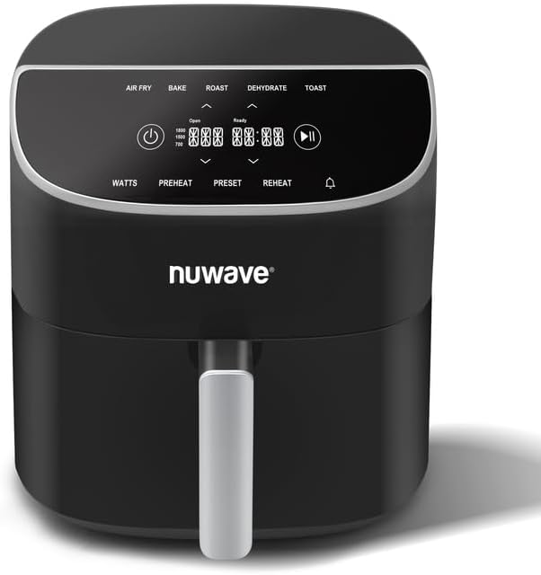 Nuwave 8QT Brio Air Fryer Plus Black, Digital LED Touch Screen with Cool White Display, 50°F~400°F in Precise 5°, 3 Wattage Alternatives, 5 Cook Functions, 50 Memory, PFAS Free, New & Improved