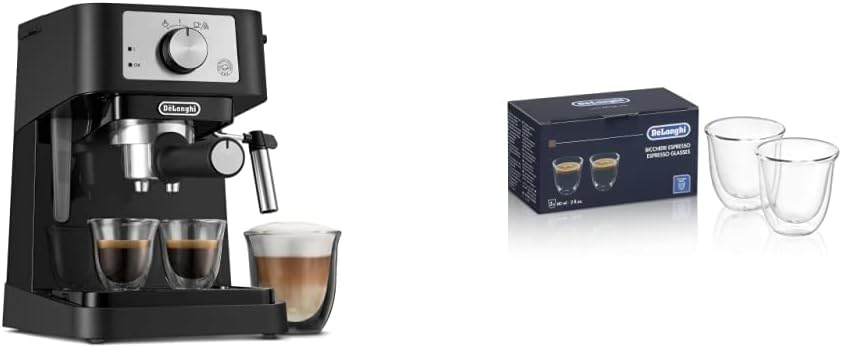 De’Longhi Manual Espresso Machine with 15 Bar Pump, Milk Frother, and 2 Thermo Espresso Glasses