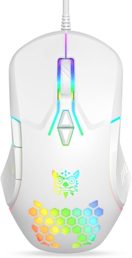 Wired USB Mouse, Computer Mouse with RGB Lighting, 4 Adjustable DPI, Ergonomic Optical Office Mouse, 7 Buttons Corded Mice for Window/PC/Laptop/Desktop/Mac/Chromebook, White