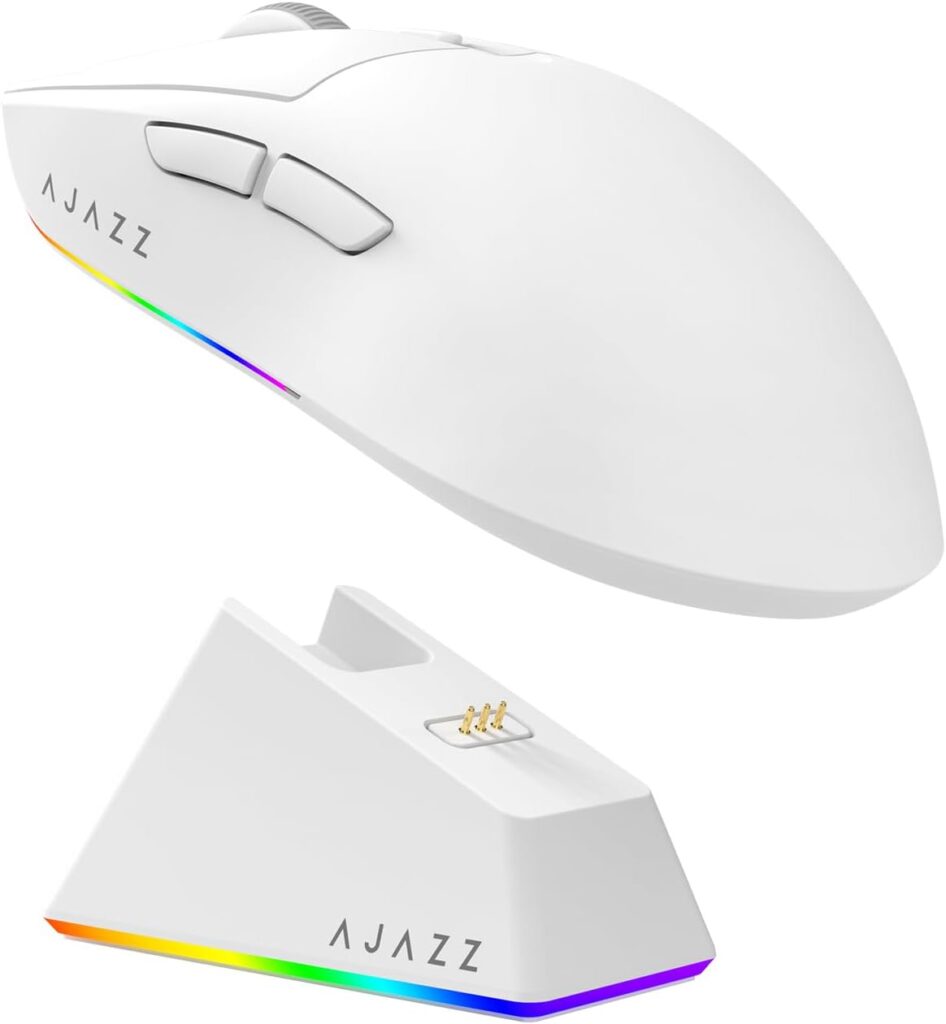 MechLands AJAZZ AJ139 V2 MC Gaming Mouse with Charging Base, Adjustable 12,000 DPI, PAW3311 Sensor, 3 Modes Wireless Mouse, 500mAh Battery, 1000 Polling Rate, 66g Lightweight, Win/Mac (White)