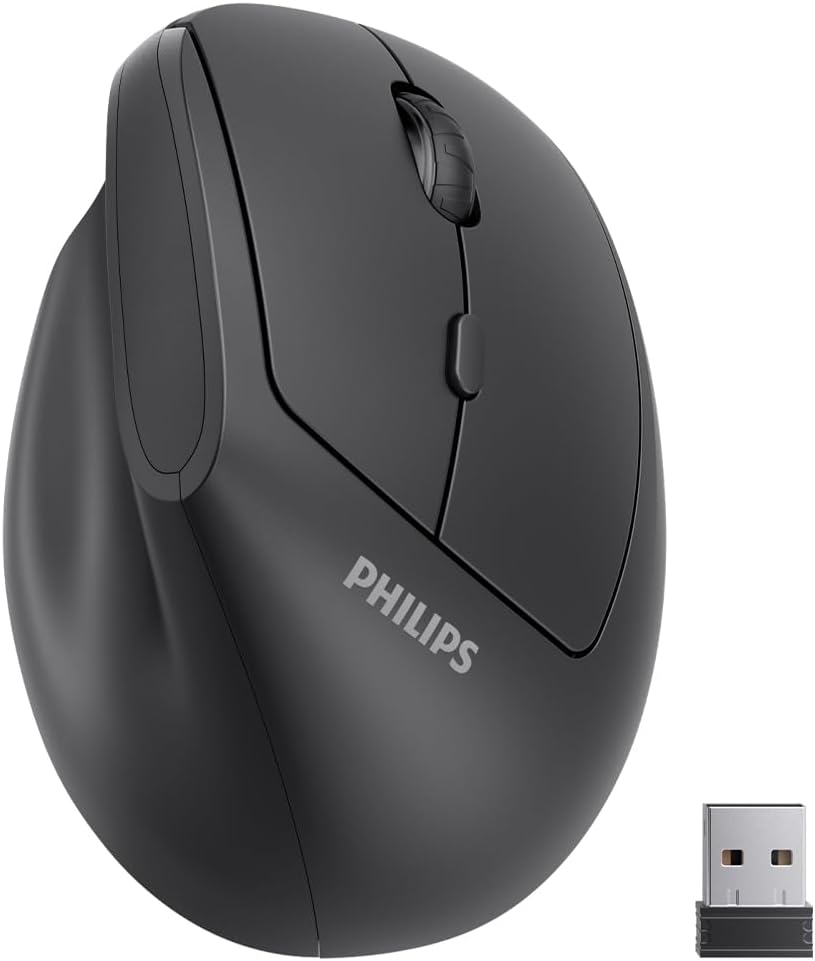 PHILIPS Ergonomic Mouse – Vertical Mouse with 800/1200/1600 Adjustable DPI, 6 Silent Buttons Design for S/M Hands, Auto Power Saving,Light Weight, 2.4GHz Wireless Mouse for Laptop, Desktop, PC-Black