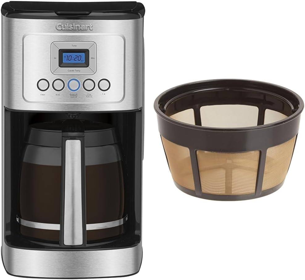 Cuisinart Coffee Maker, 14-Cup Glass Carafe, Fully Automatic for Brew Strength Control & 1-4 Cup Setting, Stainless Steel, DCC-3200P1 & GTF-B Gold Tone Coffee Filter, Basket, Burr Mill