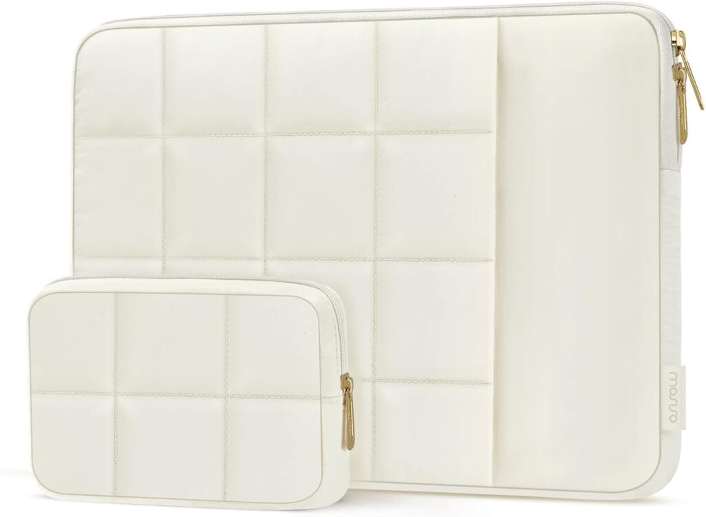 MOSISO 13-14 inch Laptop Case, 13.3 inch Puffy Laptop Sleeve Compatible with MacBook Air/Pro 13 inch, Compatible with MacBook Pro 14, Twelve Square Quilted Bag with Vertical Pocket&Small Case, Sand