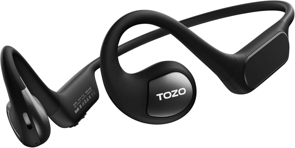 TOZO Upgraded Open Ear Headphones Bluetooth 5.3 Air Conduction Wireless Headphones Sport Earbuds with Premium Sound, 32 EQs via APP, Dual-Mic Call Noise Reduction Earphones with Hair Band for Cycling
