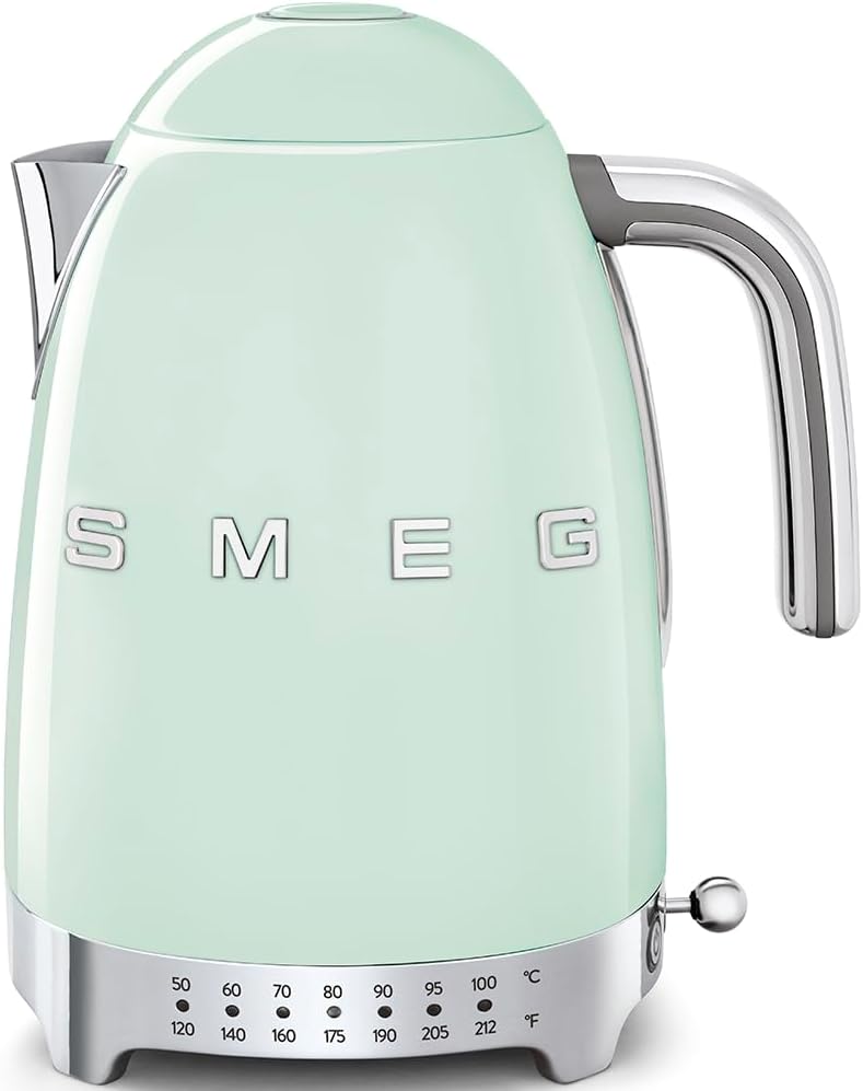 SMEG 7-Cup Variable Temperature Electric Kettle – Retro Style Aesthetic with Advanced Technology – Stainless Steel, 1400W, 120V, 360° Swivel Base, Keep Warm Function (Pastel Green)
