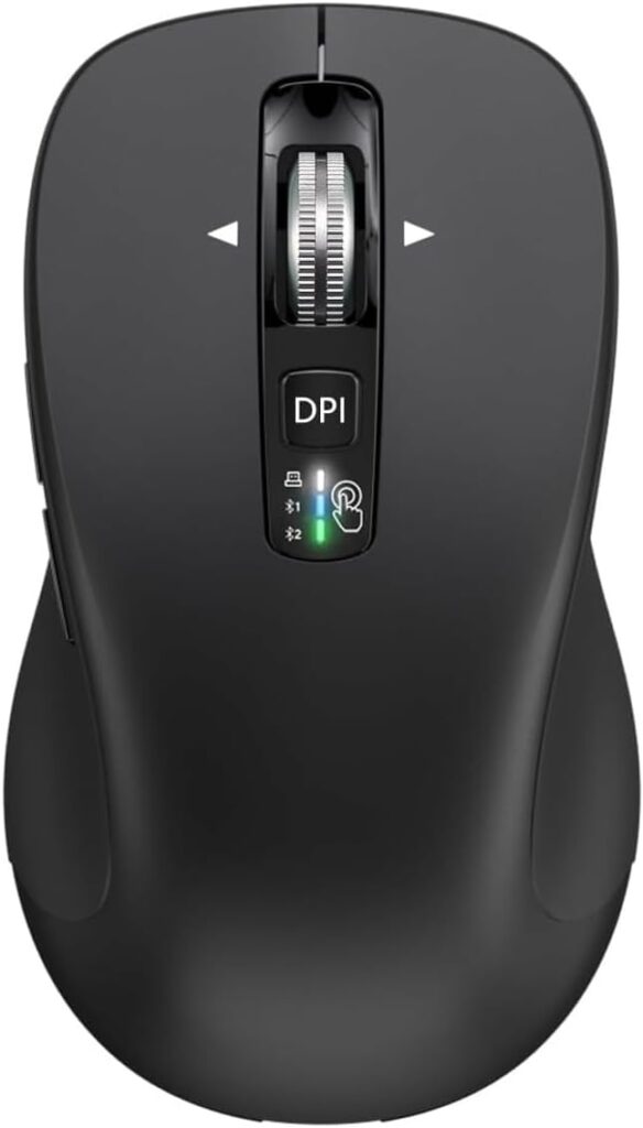 Wireless Bluetooth Mouse (USB + BT1 + BT2), Full Size, 4-Way Scrolling, Multi-Device Silent Mouse for Computer, Laptop, iPad, MacBook (Black)