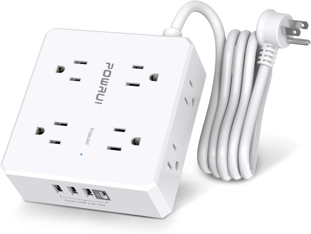 Surge Protector Power Strip – 6 Ft Flat Plug Extension Cord with 8 Widely Outlets and 4 USB Ports(1 USB C), 3 Side Outlet Extender for Home Office, White, ETL Listed