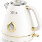 Hazel Quinn Retro Electric Kettle – 1.7 Liters / 57.5 Ounces Tea Kettle with Thermometer, All Stainless Steel, 1200 Watts Fast Boiling, BPA-free, Cordless, Automatic Shut Off – Pearl White