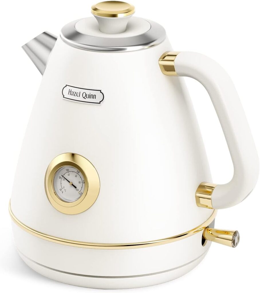 Hazel Quinn Retro Electric Kettle – 1.7 Liters / 57.5 Ounces Tea Kettle with Thermometer, All Stainless Steel, 1200 Watts Fast Boiling, BPA-free, Cordless, Automatic Shut Off – Pearl White