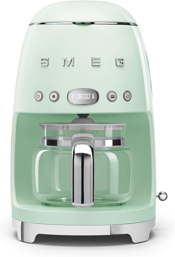 Smeg 50’s Retro Style Aesthetic Drip Coffee Machine with 10 Cup Glass Carafe, Auto Start Feature, Keep Warm Plate, and Two Coffee Strength Settings (Pastel Green)