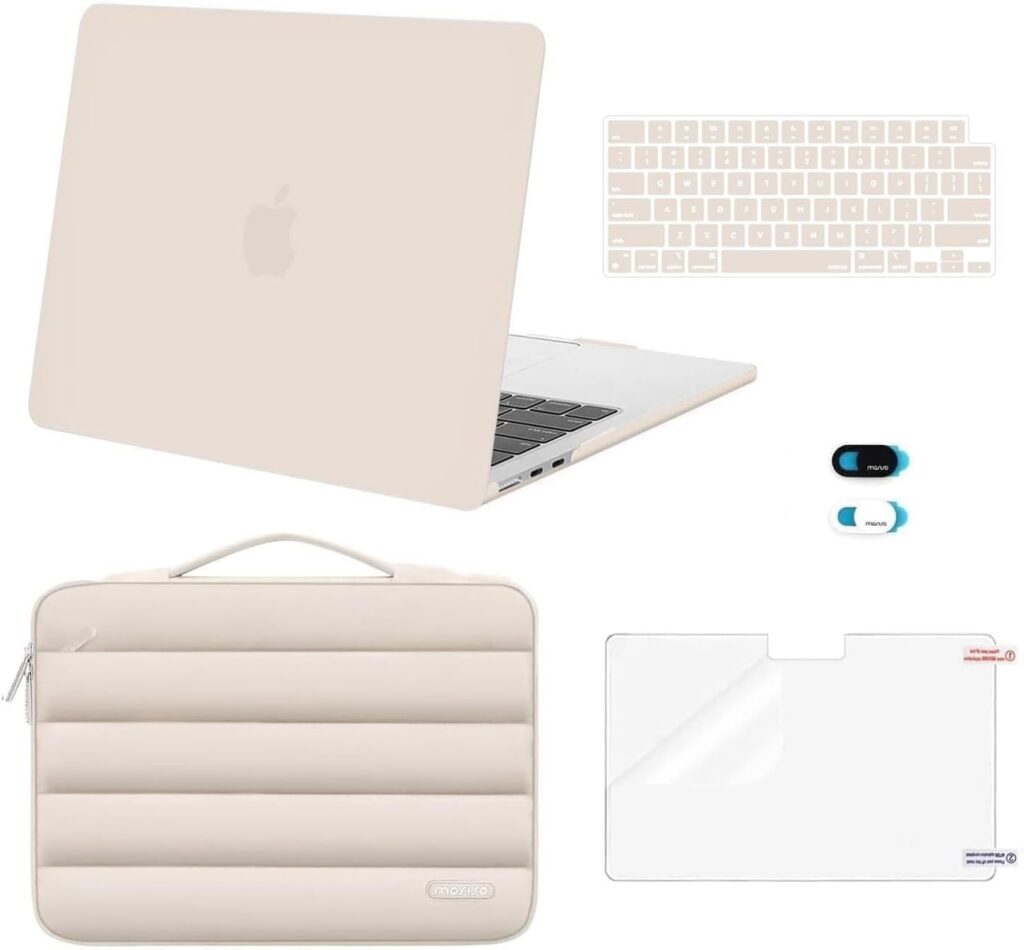 MOSISO Compatible with MacBook Air 13 inch Case 2025 2024 2023 2022 M4 A3240 M3 A3113 M2 A2681, Hard Case&Puffy Bag&Keyboard Cover&Webcam Cover&Screen Film for MacBook Air 13.6 inch Case, Sand