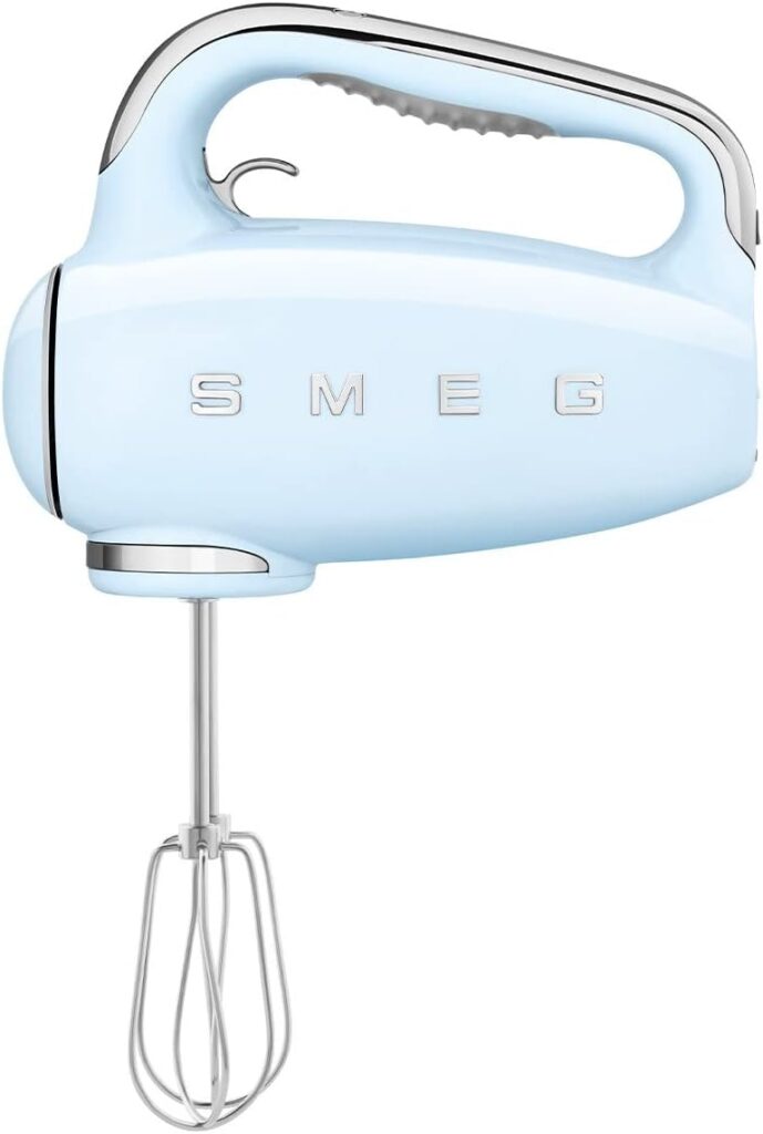 SMEG Pastel Blue 50’s Retro Style Electric Hand Mixer with Set of Beaters, Set of Dough Hooks and Set of Whisks