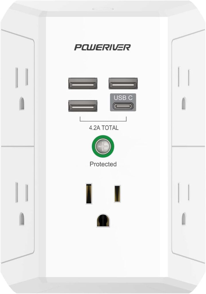 USB Wall Charger, POWERIVER Multi Outlet Extender Surge Protector with 4 USB Ports, 1680J Wall Outlet Adapter Spaced for Home School Office, ETL Listed, White