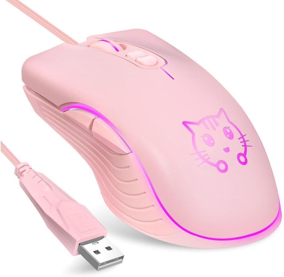 CORN Gaming Wired USB Mouse, 2400DPI 4 Adjustable Levels, Ergonomic Slient Mouse for PC/Desktop/Laptop – Pink Cat
