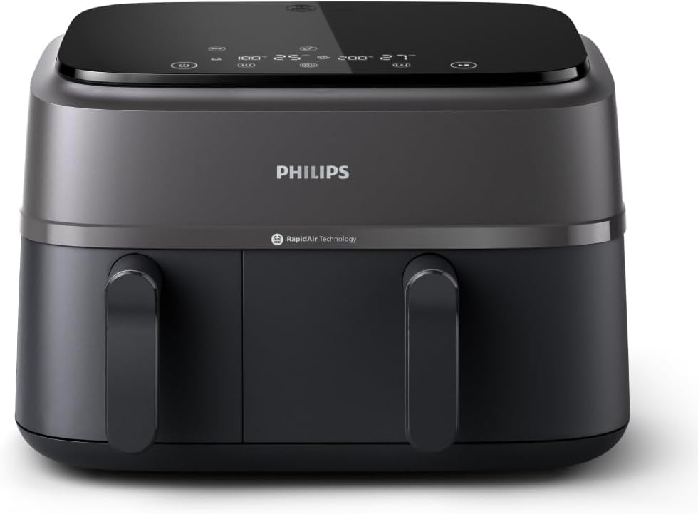 Philips Dual Basket Air Fryer 3000 Series, 8-in-1 functions, 9.5 Quarts, 2 Drawers, Auto-sync Cooking Time, 90% Less Fat, Rapid Air Technology, HomeID Recipe App, Dishwasher Safe, Black, (NA350/00)