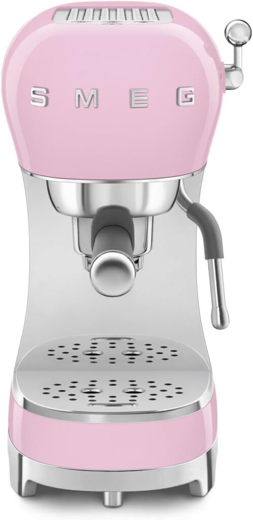 Smeg Manual Espresso Machine with Steam Wand, 15 Bars of Pressure, Stainless Steel Porta Filter, Passive Cup Warmer, User Friendly Controls, and Measuring Scoop Tamper Made in Italy (Pink)