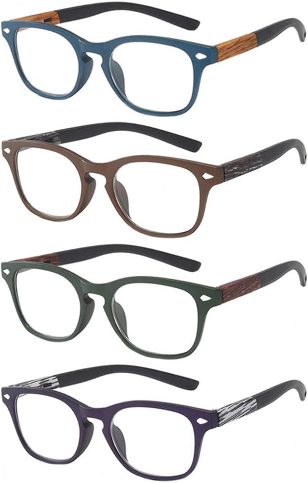 Reading Glasses 4 Pack, OWN4B Vintage Fashion Designer Wood Grain Readers Eyeglasses Readingglasses for Women Men Unisex (4 Pack Mix Color, 3.0)
