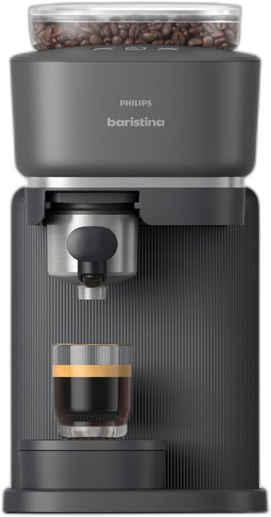 Philips Baristina Espresso Machine – Real espresso, made simple. Compact coffee machine, natural black with black portafilter, 16 bar pump pressure, automatic grinder, Cafe Crema (BAR300/60)
