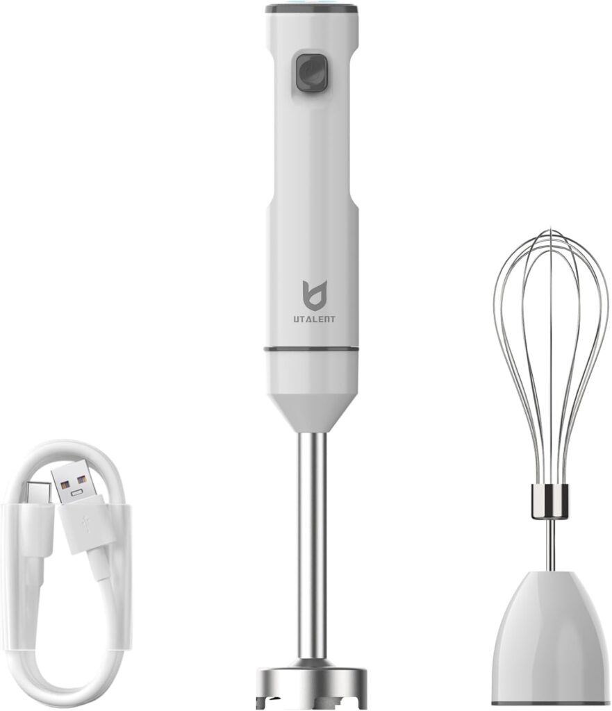 Cordless Hand Blender, UTALENT Variable Speed Immersion Blender handheld Rechargeable, with USB-C Charging Cable, Egg Whisk, for Smoothies, Milkshakes, Hummus and Soups – White