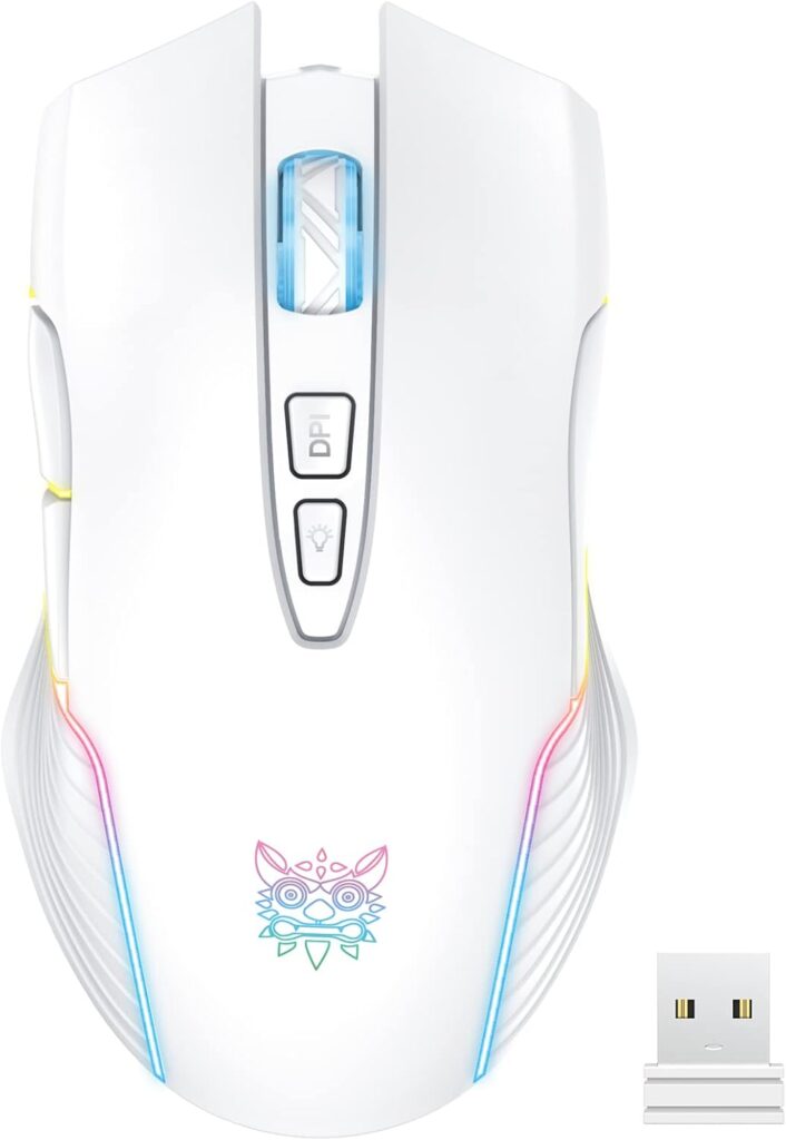 Rechargeable Wireless Gaming Mouse, Ergonomic RGB Computer Mouse with 2.4G Receiver, RGB Backlight, Adjustable DPI Up to 3600, 7 Buttons (Not Programmable) for Windows Vista Linux (White)