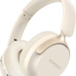 RORSOU B8 Bluetooth Headphones Over Ear, 6 EQ Music Modes and 50H Playtime Deep Bass Wireless Headphones with Mic, Lightweight Folding HiFi Stereo Headset for iPad/Travel/Tablet/PC/Home Beige White