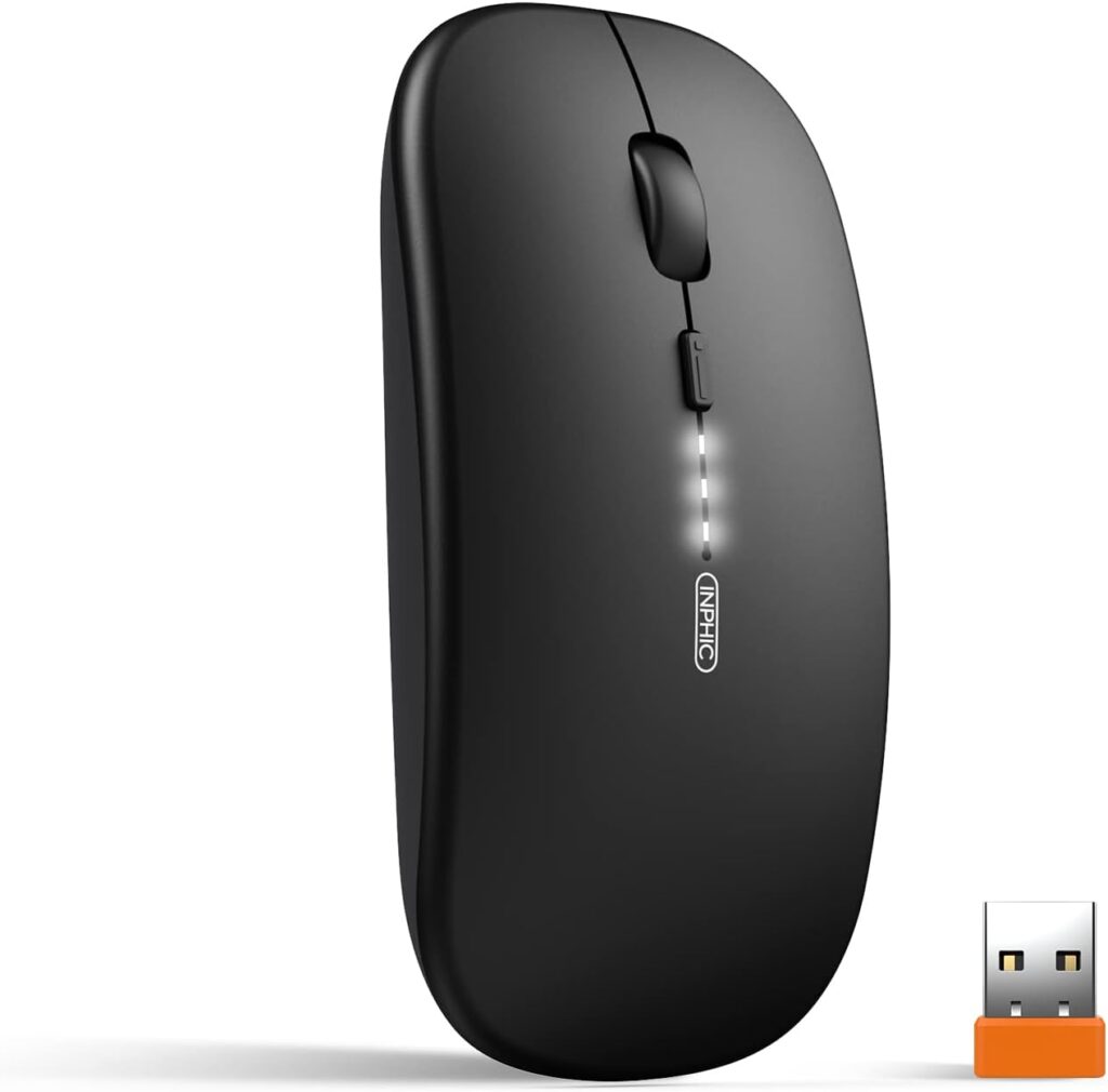 INPHIC Slim Wireless Mouse Rechargeable, Battery Visible, 2.4G Silent Cordless,1600 DPI with USB Receiver, Black