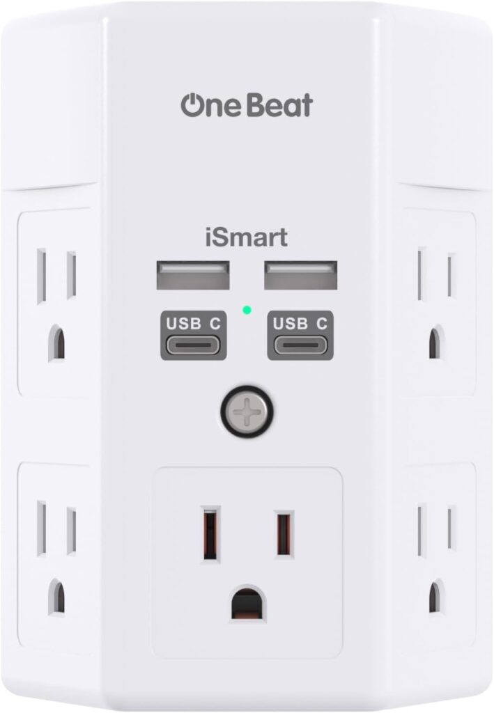 One Beat 1680J 3 Side Power Strip Multi Plug Expander, Surge Protector, 5 Outlets Extender, 4 USB Ports (USB C), Wall Mount Charger, Outlet Splitter Adapter for Home, Travel, Office, ETL Listed, White