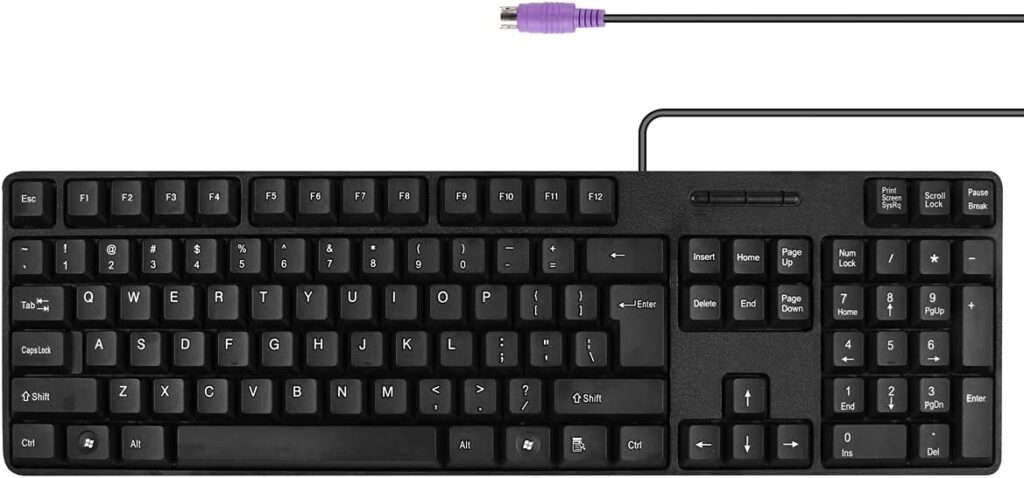 MCSaite Wired PS2 104 Keys Computer Keyboard with Stands,Black,Waterproof – US Layout Compatible for Windows, PC, Laptop