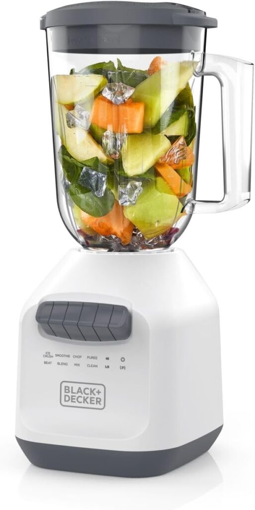 BLACK+DECKER 750W Ice Crushing Blender, 56oz PerfectPour Jar, 6-Tip Stainless Steel Blade, 8 Speeds + Pulse, White