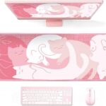 Gaming Mouse Pad XL Extended Anime Mouse Pad 31.5×11.8 inch, Large Cute Kawaii Big Computer Mouse Mat Desk Pad with Non-Slip Rubber Base and Stitched Edge for Home Office-Pink Cat