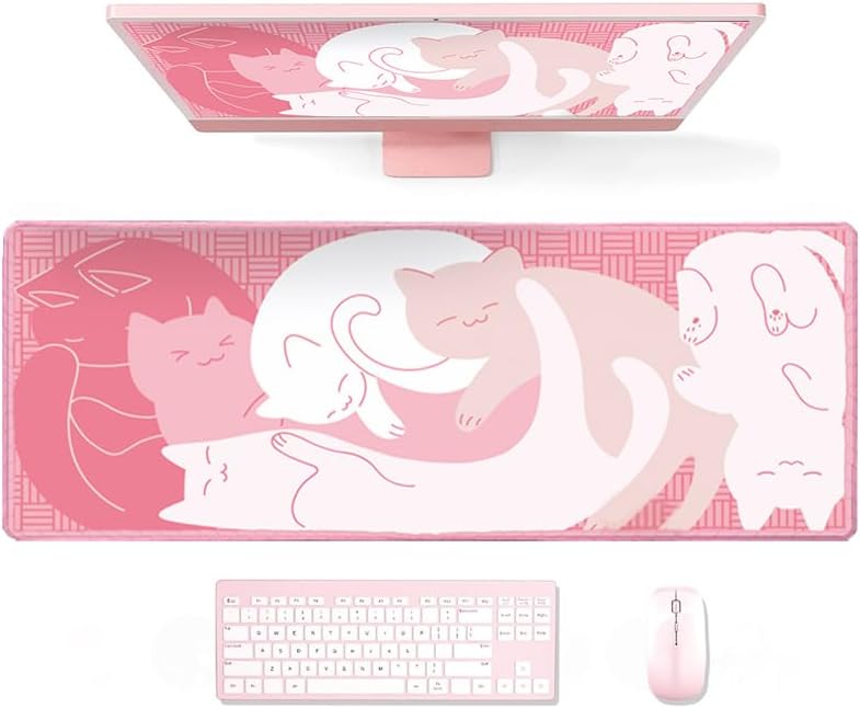 Gaming Mouse Pad XL Extended Anime Mouse Pad 31.5×11.8 inch, Large Cute Kawaii Big Computer Mouse Mat Desk Pad with Non-Slip Rubber Base and Stitched Edge for Home Office-Pink Cat