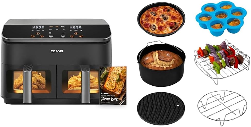 COSORI Dual Basket Air Fryer 9 Qt, Large and Wider Double Airfryer, 8-in-1, Sync Cook & Air Fryer Accessories, Set of 6 Perfect for Most 5.0 Qt and Larger Ovens, Cake & Pizza Pan