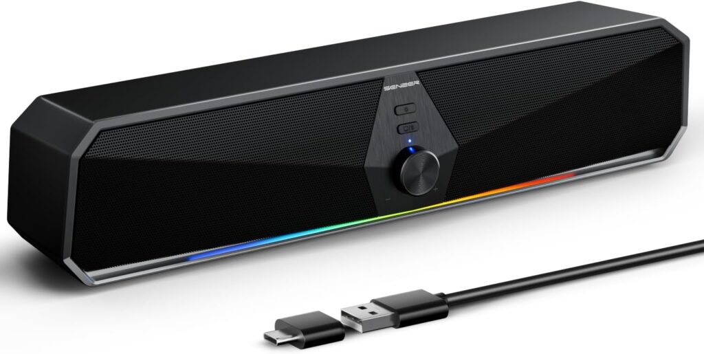 SENZER CS30 Bluetooth Computer Speakers for Desktop, USB Plug & Play PC Speakers with Dynamic LED Light, Stereo Sound Soundbar for Desktop Laptop Monitor (USB-C Adapter Included)