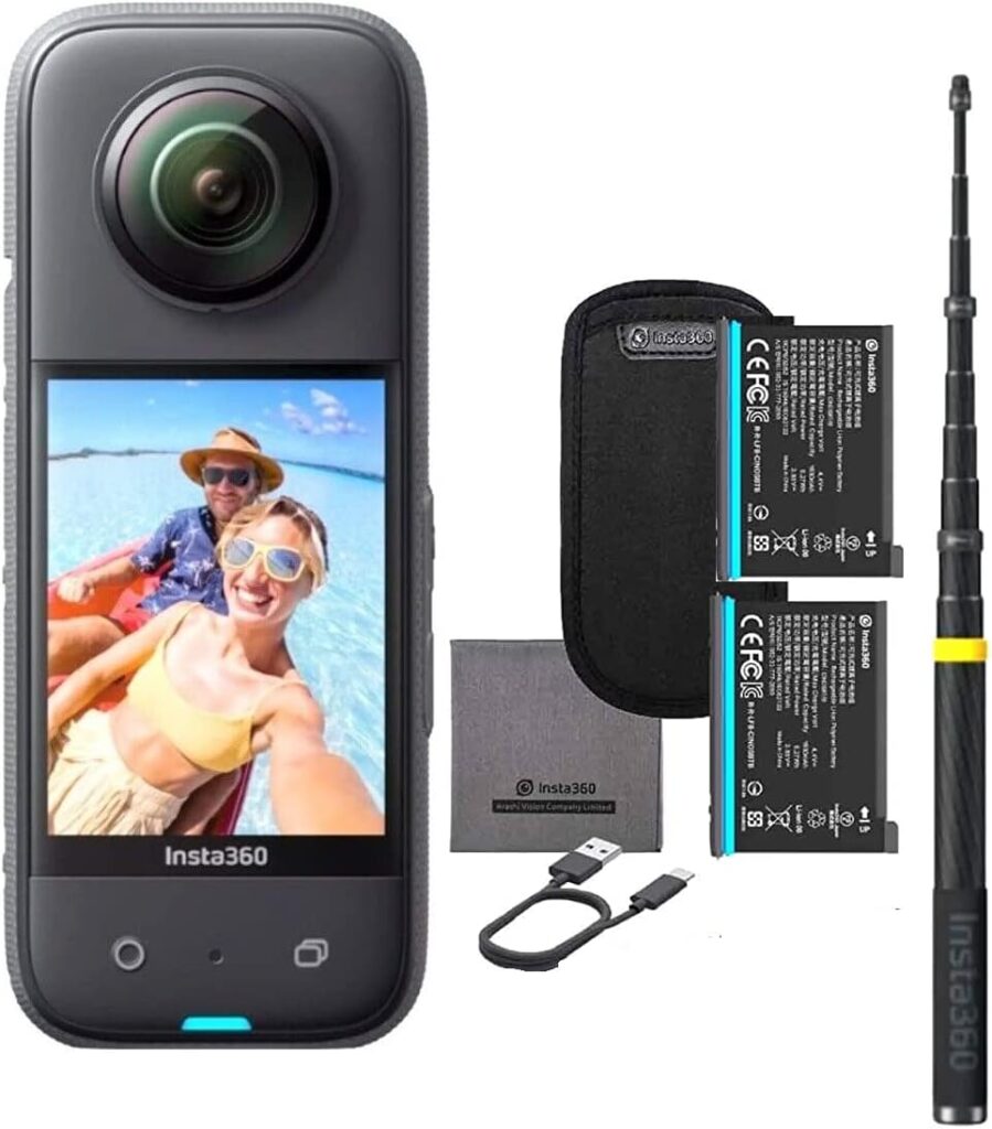 Insta360 X3 Waterproof 360 Action Camera 5.7K HDR Video, 72MP Photo, 4K Single-Lens Touchscreen, AI Editing, Live Stream with Extra Battery and Extended Edition Telescoping 118″ Drone Selfie Stick