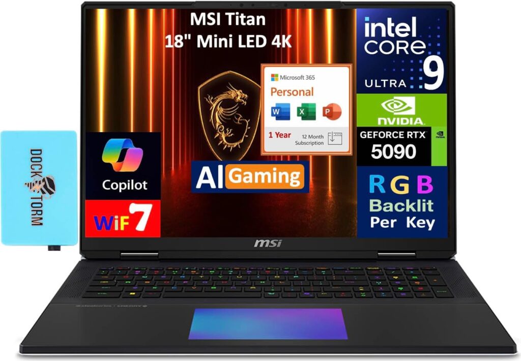 MSI Titan AI Gaming Laptop 18″ 120Hz Mini LED 4K Display (Intel Ultra 9-285HX, GeForce RTX 5090 24GB, 64GB DDR5, 2 x 8TB SSD, Win 11 Pro) w/MS 365 Personal, DKZ USB Port Expander