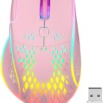 VEGCOO Wireless Gaming Mouse, C30 Silent Click Wireless Rechargeable Gaming Mouse with Double-Click Key and Colorful LED Lights, 3 Level Adjustable DPI for Gaming and Working (Pink)