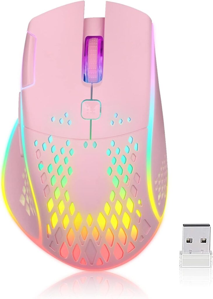 VEGCOO Wireless Gaming Mouse, C30 Silent Click Wireless Rechargeable Gaming Mouse with Double-Click Key and Colorful LED Lights, 3 Level Adjustable DPI for Gaming and Working (Pink)