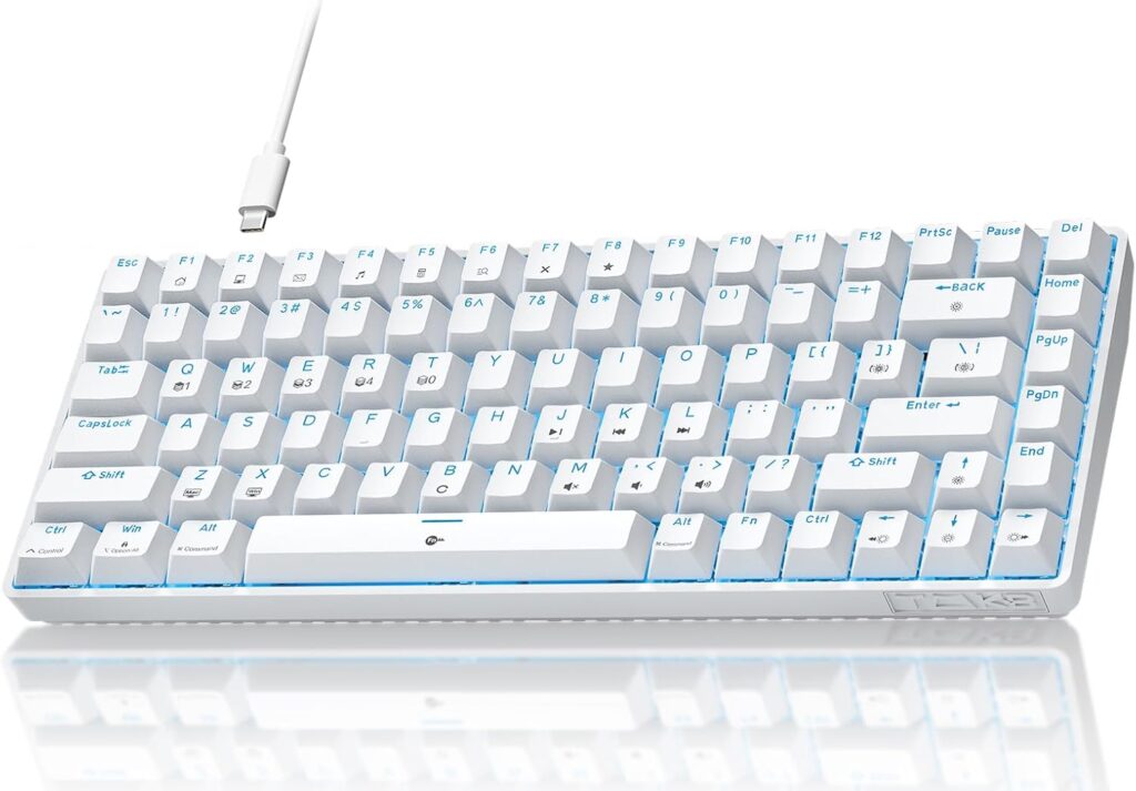 TMKB T84SE Gaming Keyboard, 75% Mechanical Gaming Keyboard with Linear Red Switch, Ice Blue LED Backlit, Detachable USB-C, Full Anti-Ghosting for Gaming/Typing/PC/Laptop/Win/Mac, US Layout, White