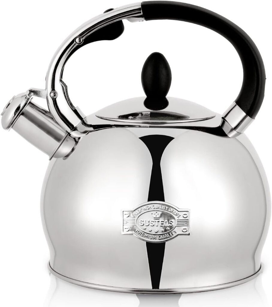 SUSTEAS Stove Top Whistling Tea Kettle – Food Grade Stainless Steel Teakettle Teapot with Cool Touch Ergonomic Handle, With 1 Silicone Pinch Mitt Included,2.64 Quart(SILVER)
