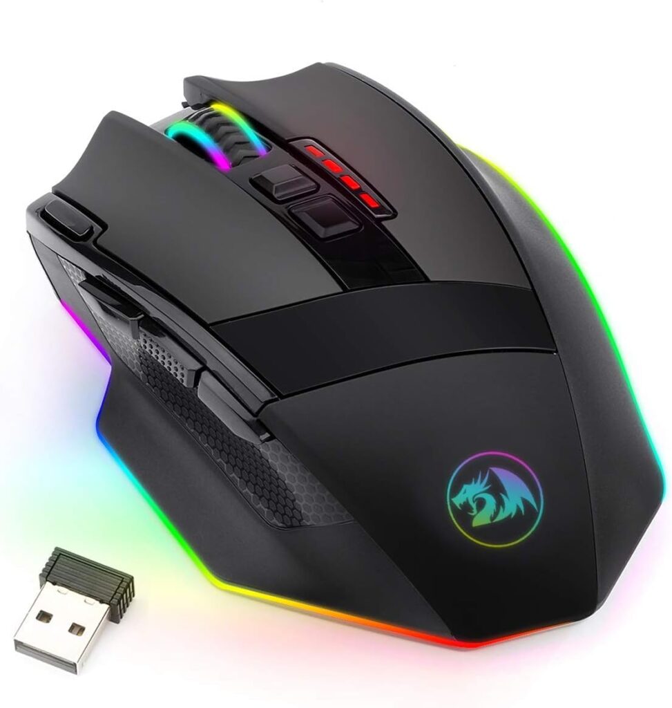 Redragon M801 Wireless Gaming Mouse, RGB Gaming Mouse with MMO 9 Programmable Macro Editing Buttons, UP 16000 Adjustable DPI, Rapid Fire Button for Game, Windows,PC – Wireless, Black