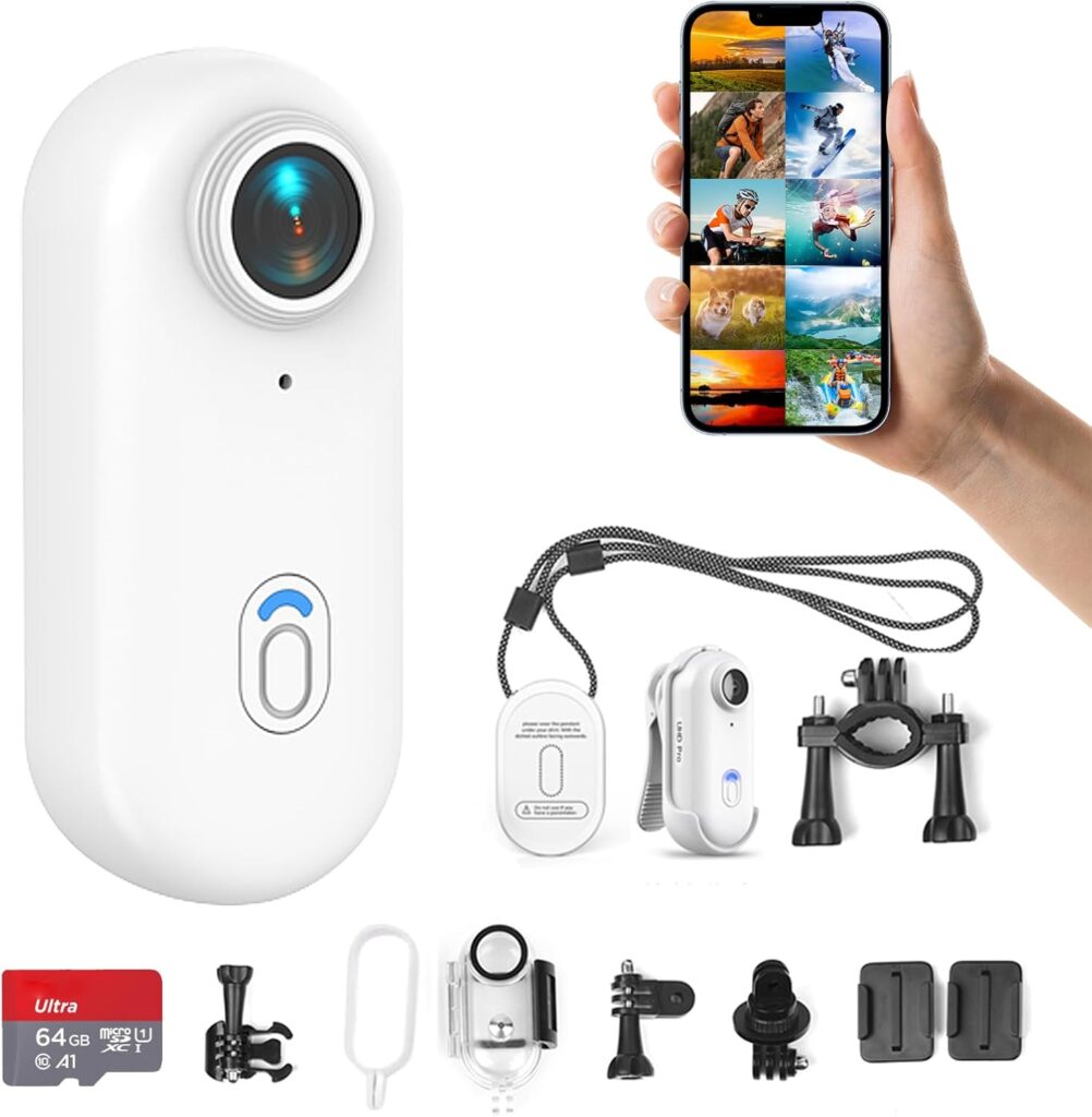 H8 64GB 4K Thumb Action Camera, Mini Body Cameras, Wearable Pocket Vlogging Camera, Multiple Accessory Mount Anywhere Small Portable Hands-Free Helmet Cam for Work, Cycling, Travel, Pet Walking(White