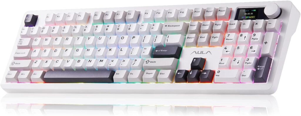 AULA F106PRO Wireless Keyboard, Full Size Mechanical Keyboard with Media Knob & Screen, 8000mAh Battery Hot Swappable Custom PBT keycaps Gaming Keyboard – Blaze Switch,Black White Grey