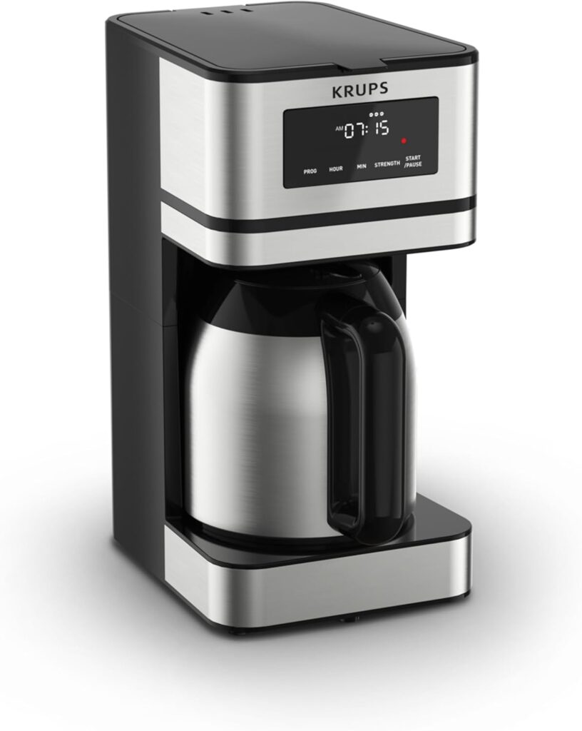 Krups Simply Brew Stainless Steel and Thermal Carafe Drip Coffee Maker 12 Cup Programmable, Customizable, Digital Display, Insulated Coffee Filter, Dishwasher Safe, Drip Free Silver and Black